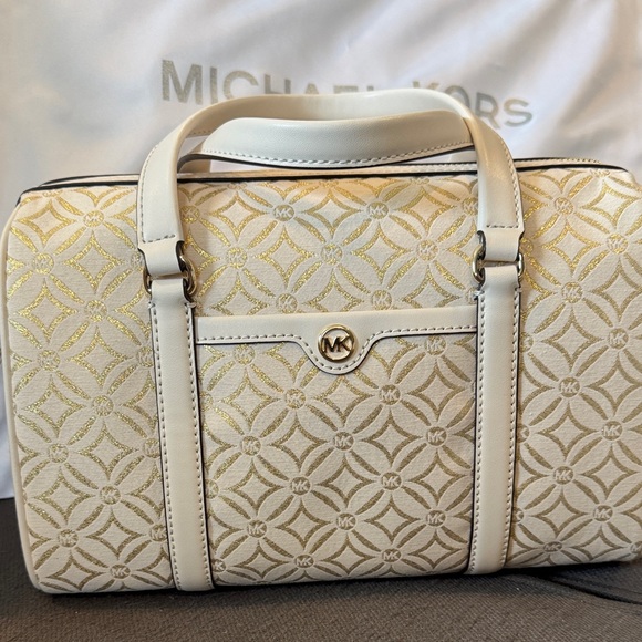 Michael Kors Handbags - Michael Kors White and Gold Crossbody Bag/ Medium Duffel Bag/Jacquard pattern.
